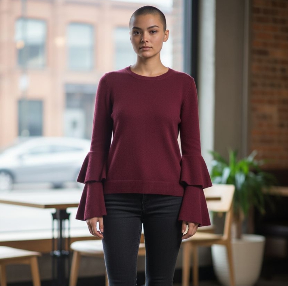 J. Crew Mercentile Women's Size X Small Elegant Burgundy Ruffle Sleeve Wool  Top